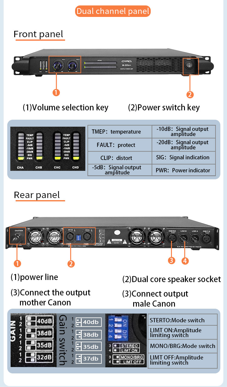 Portable 2/4 Multi-Channel 4 Ohm Stereo Power Amplifier Metal Shell for Conference Halls