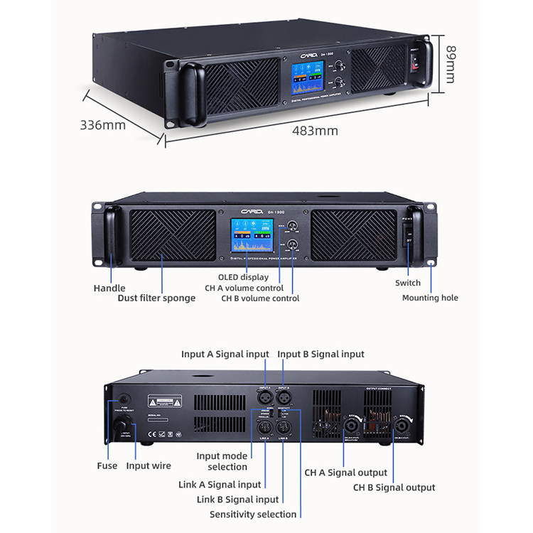 Class d 2U 2 Channel Digital Stereo Audio system 1500w amplifiers